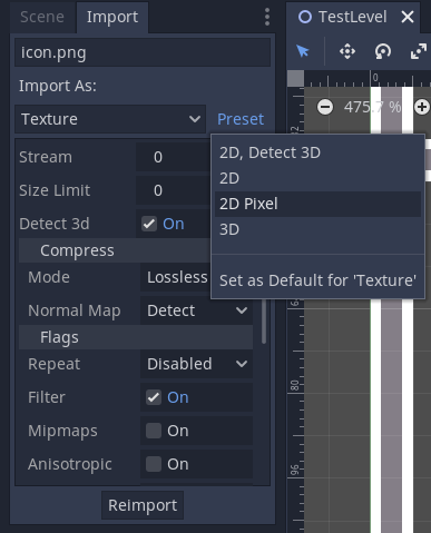 使用 2D Pixel 预设重新导入素材